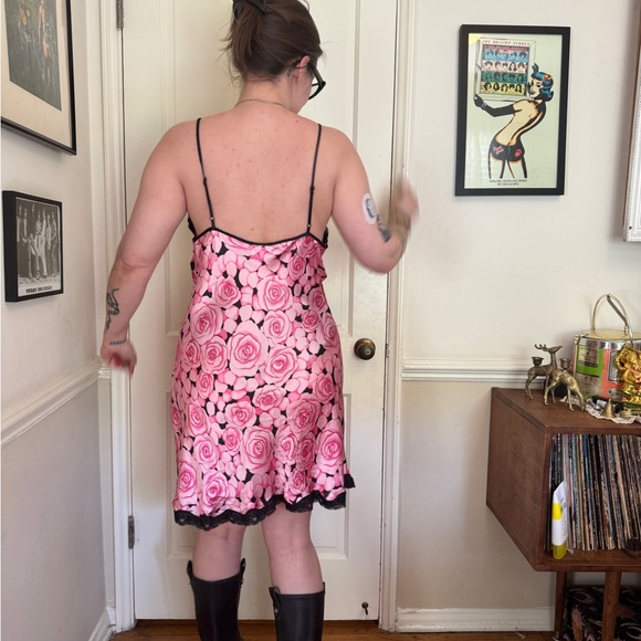 Y2K Vintage Silk Pink Rose Print Slip Dress Sz XL - Picture 3 of 10